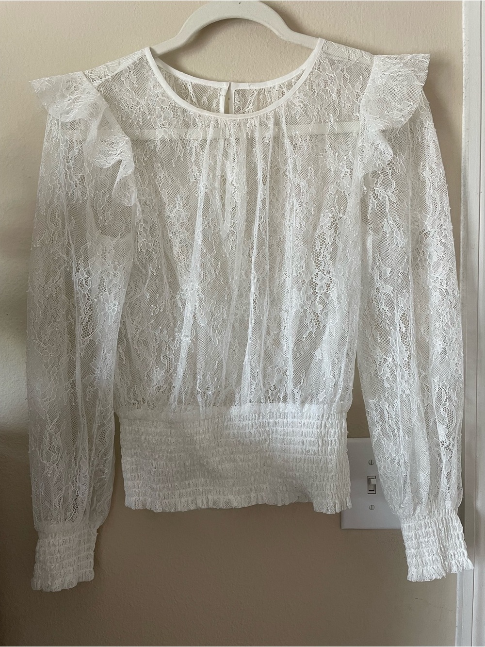 White Lace Sheer Ruffle Smock Waist Top Medium Edwardian Victorian Coquette Doll